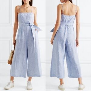 J Crew Spaghetti Strap Linen Jumpsuit Striped Beauchamp White Blue Size S